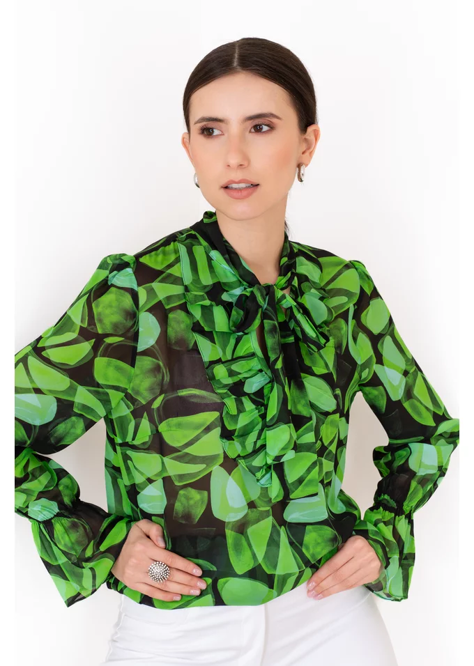 Bluza eleganta cu imprimeu verde abstract si jabou