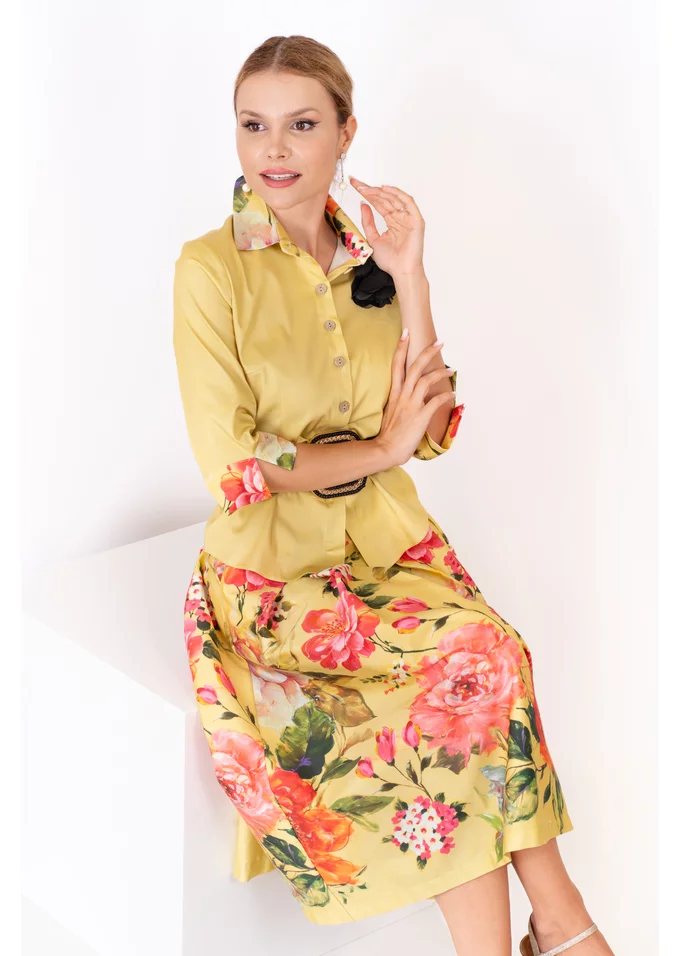 Fusta lemon yellow eleganta cu imprimeu floral