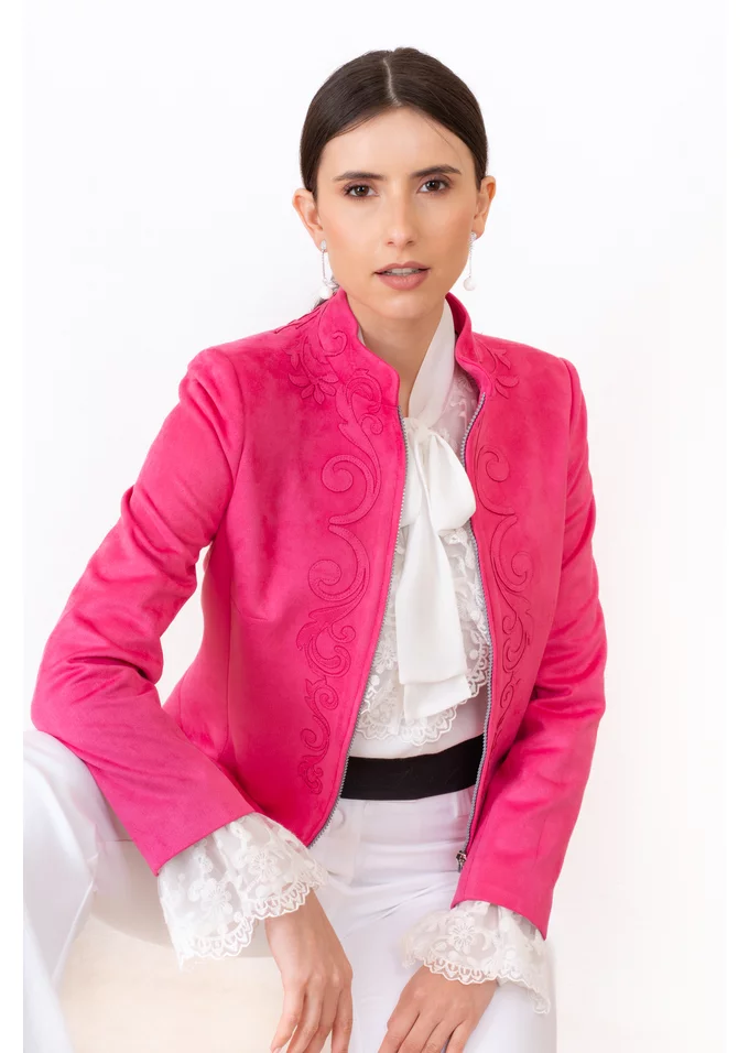 Jacheta din velur Hot Pink