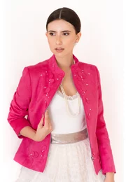 Jacheta din velur Hot Pink accesorizata