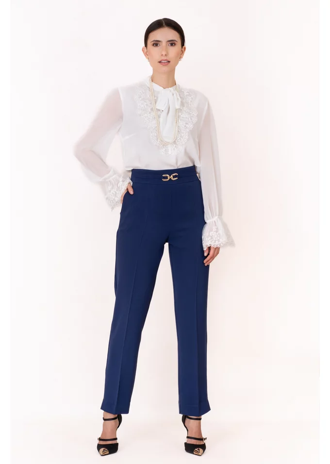 Pantalon elegant navy cu catarama