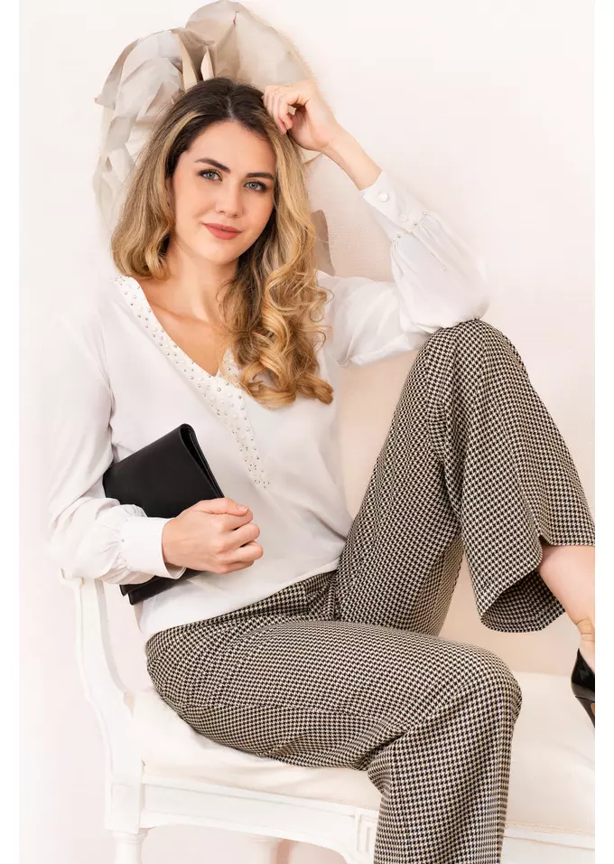 Pantalon larg crem pepit
