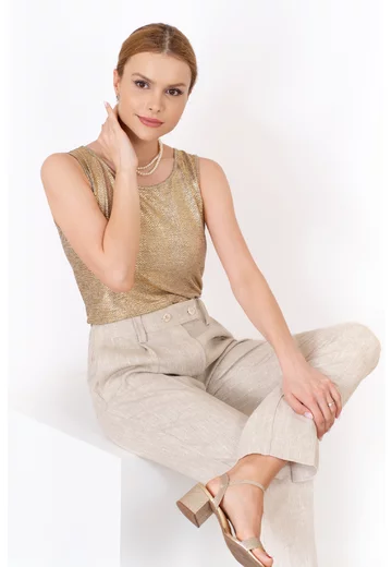 Pantaloni din in conic gri nisip