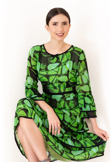 Rochie cu imprimeu verde abstract si maneci clopot