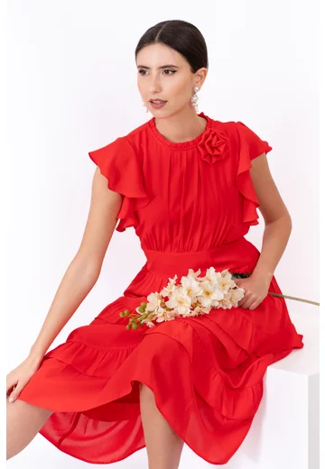 Rochie cu volanase si floare Red Elegance
