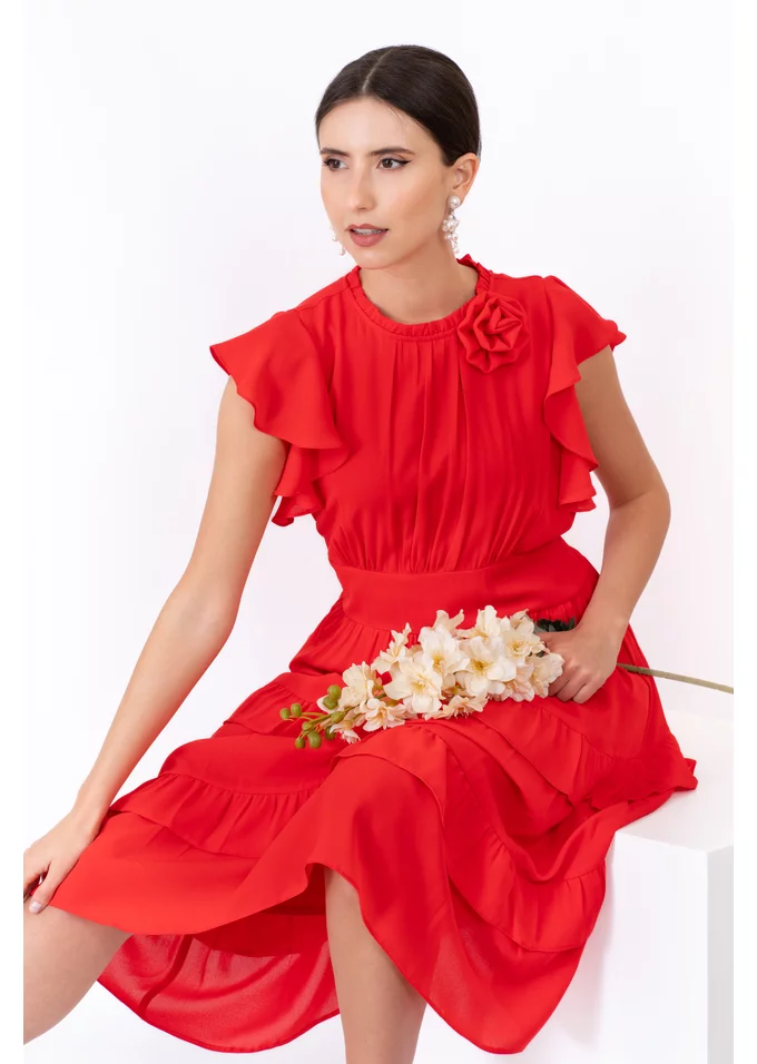 Rochie cu volanase si floare Red Elegance