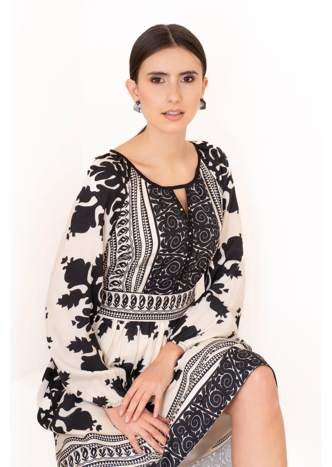 Rochie de zi crem cu imprimeu abstract