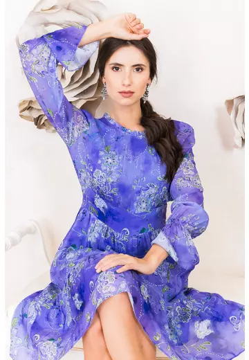 Rochie de zi mov cu print paisley policolor