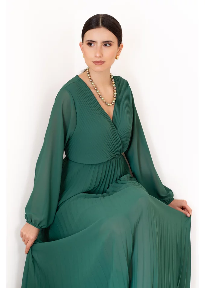 Rochie de zi verde  cu pliseuri