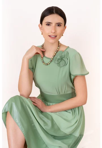 Rochie eleganta Green Matcha cu benzi peliculizate