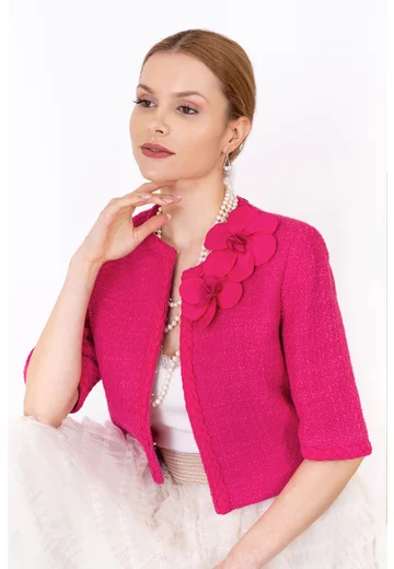 Sacou scurt Pink Tweed cu floare