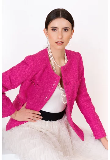 Sacou Tweed Vibrant Pink cu buzunare
