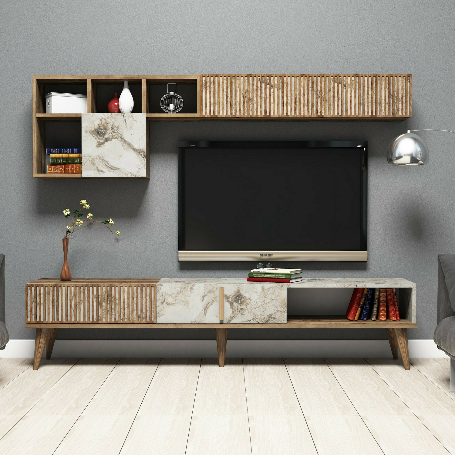 Ansamblu tv milan, 180x35x40 cm - nuc/alb marmura