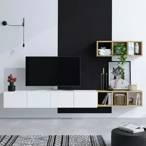 Ansamblu TV Pia 150x32x25 cm, Alb-Stejar
