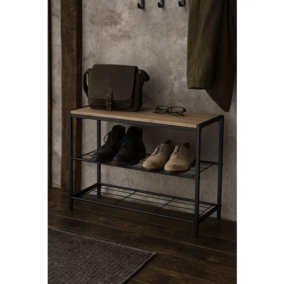 Bancuta pentru Pantofi Bina Simple, 63x25x45 h cm, Metal/Pal Melaminat, Negru/Stejar picture - 2
