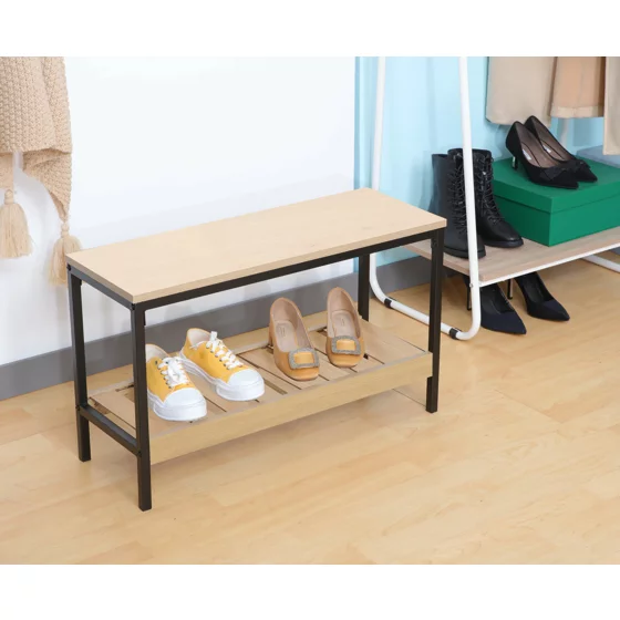 Bancuta pentru Pantofi QUESA, 70x26x42 h cm, Metal/Pal melaminat, Negru/Stejar picture - 1