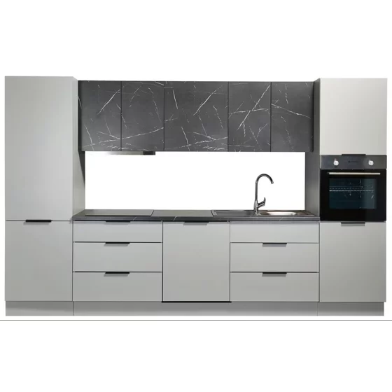Bucatarie Ereven 340x60x215 h cm, Pal Melaminat, Gri/Negru Marmura picture - 2