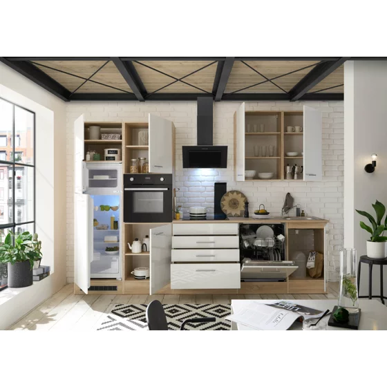 Bucatarie Lorena, 310x60x211 h cm, Pal Melaminat si MDF High Gloss, Stejar Sonoma/Alb Lucios picture - 3