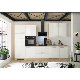 Bucatarie Lorena, 310x60x211 h cm, Pal Melaminat si MDF High Gloss, Stejar Sonoma/Alb Lucios