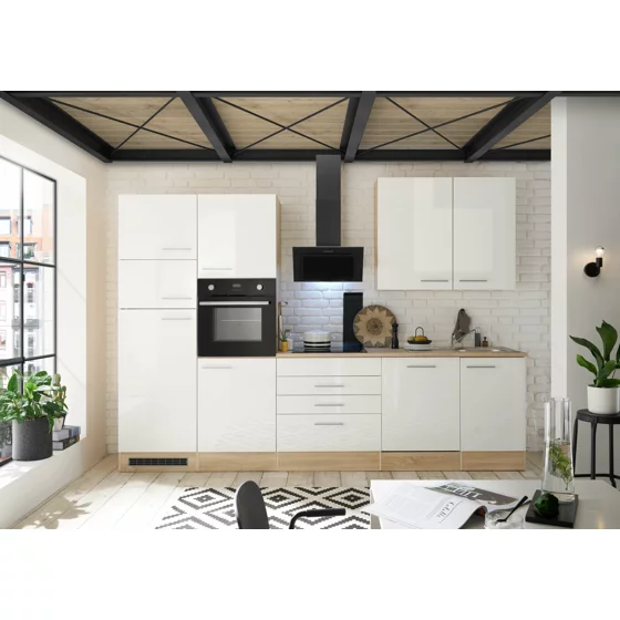 Bucatarie Lorena, 310x60x211 h cm, Pal Melaminat si MDF High Gloss, Stejar Sonoma/Alb Lucios picture - 1