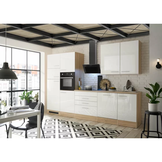 Bucatarie Lorena, 310x60x211 h cm, Pal Melaminat si MDF High Gloss, Stejar Sonoma/Alb Lucios picture - 4