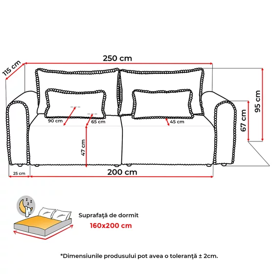 Canapea Extensibila Bodo, 250x115x90 h cm, Stofa Raiata Tillia 17 Maro picture - 5