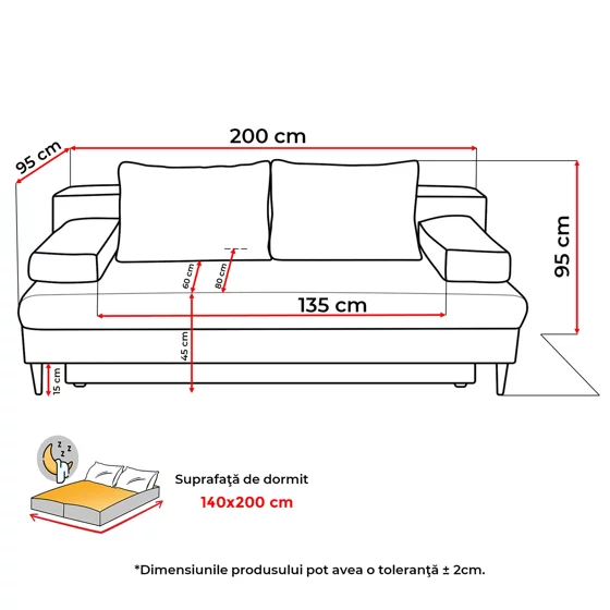 Canapea Extensibila Maranello, 3L, 200x95x95 cm, Stofa Gri picture - 7