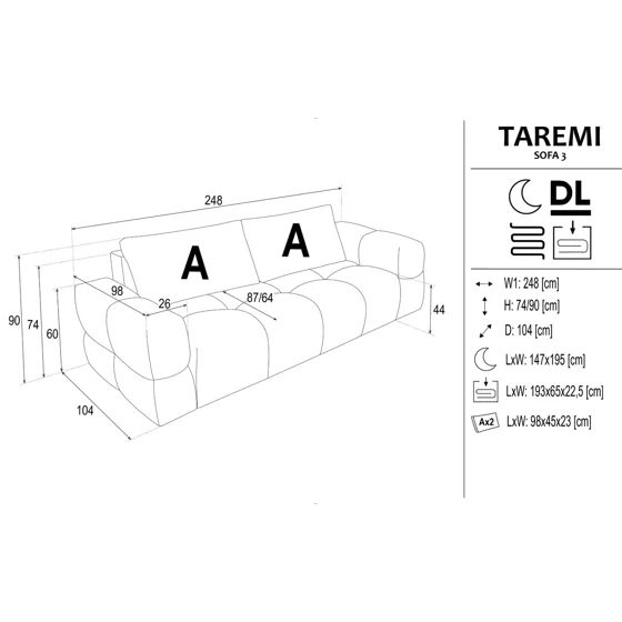 Canapea Extensibila Taremi, 248x104x90 h cm, Stofa, Antracit picture - 8