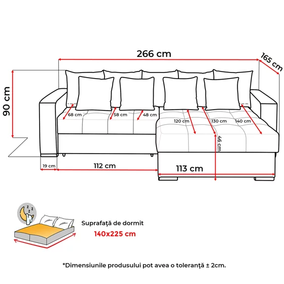 Coltar Extensibil Farum, Universal, Spatiu de Depozitare, 266x165x90 h cm Stofa, Gri Deschis picture - 8