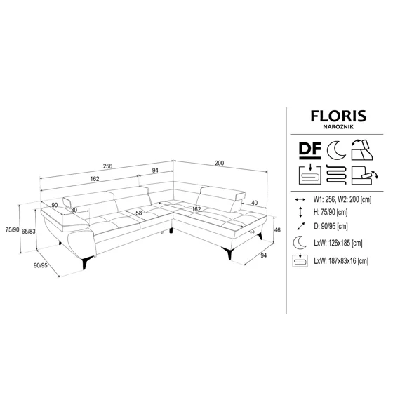 Coltar Extensibil Floris, 256x200x75-90 h cm, Stofa, Gri picture - 7