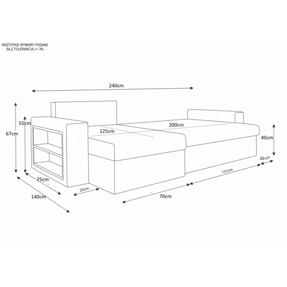 Coltar Extensibil Jannik, Universal, Compartiment Depozitare, 240x140x90 h cm, Stofa, Gri Inchis picture - 5