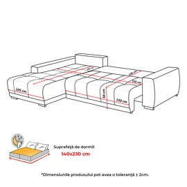 Coltar Extensibil Maribor, 282x205x92 h cm, Stofa Gri, Dreapta