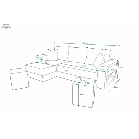 Coltar Extensibil Veraval, Universal, Compartiment Depozitare + 2 Tabureti, 260x140x90 h cm, Stofa, Gri picture - 4