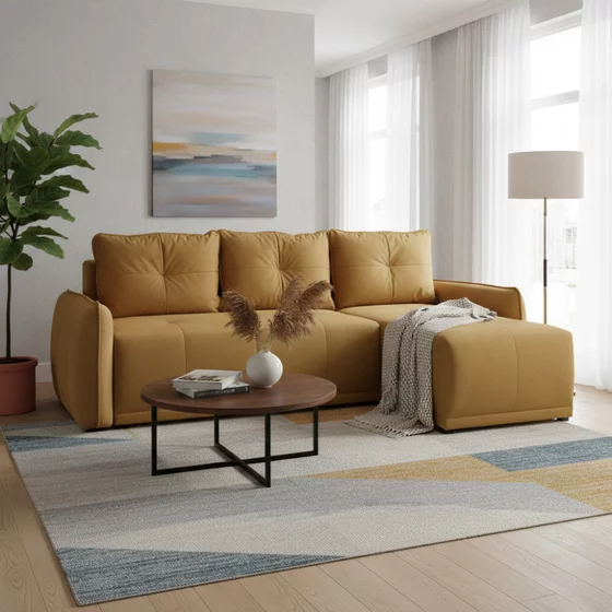 Coltar Extensibil York, Universal, Compartiment Depozitare,  254x160x78 h cm,  Stofa Galben Curry picture - 6