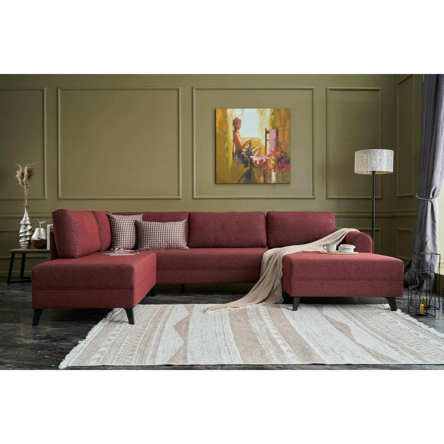 Coltar forma u belen, 300x202x78 cm - rosu bordo