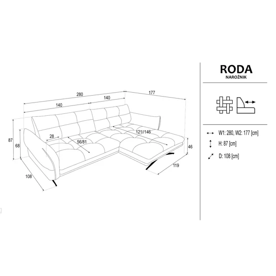 Coltar Roda cu Spatar Reglabil, 280x177x87 h cm, Stofa, Verde picture - 10