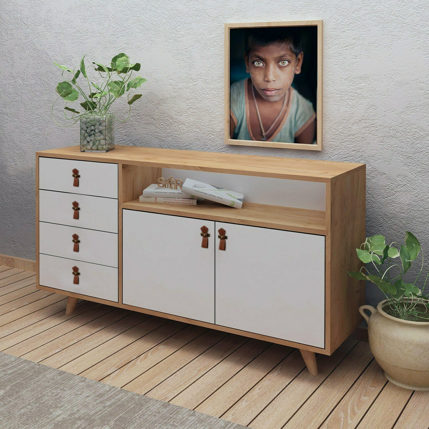 Comoda 2 usi, 4 sertare - lavina, 140x40x86 cm - stejar cu alb
