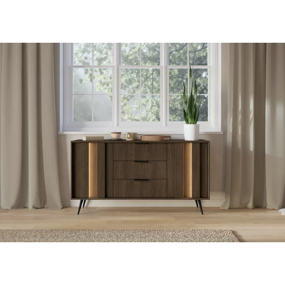 Comoda 2 Usi + 3 Sertare, Amaro, Sistem De Iluminat tip Led Inclus, 153.5x40x82.6 h cm, Pal Melaminat/MDF, Stejar Dunin picture - 7