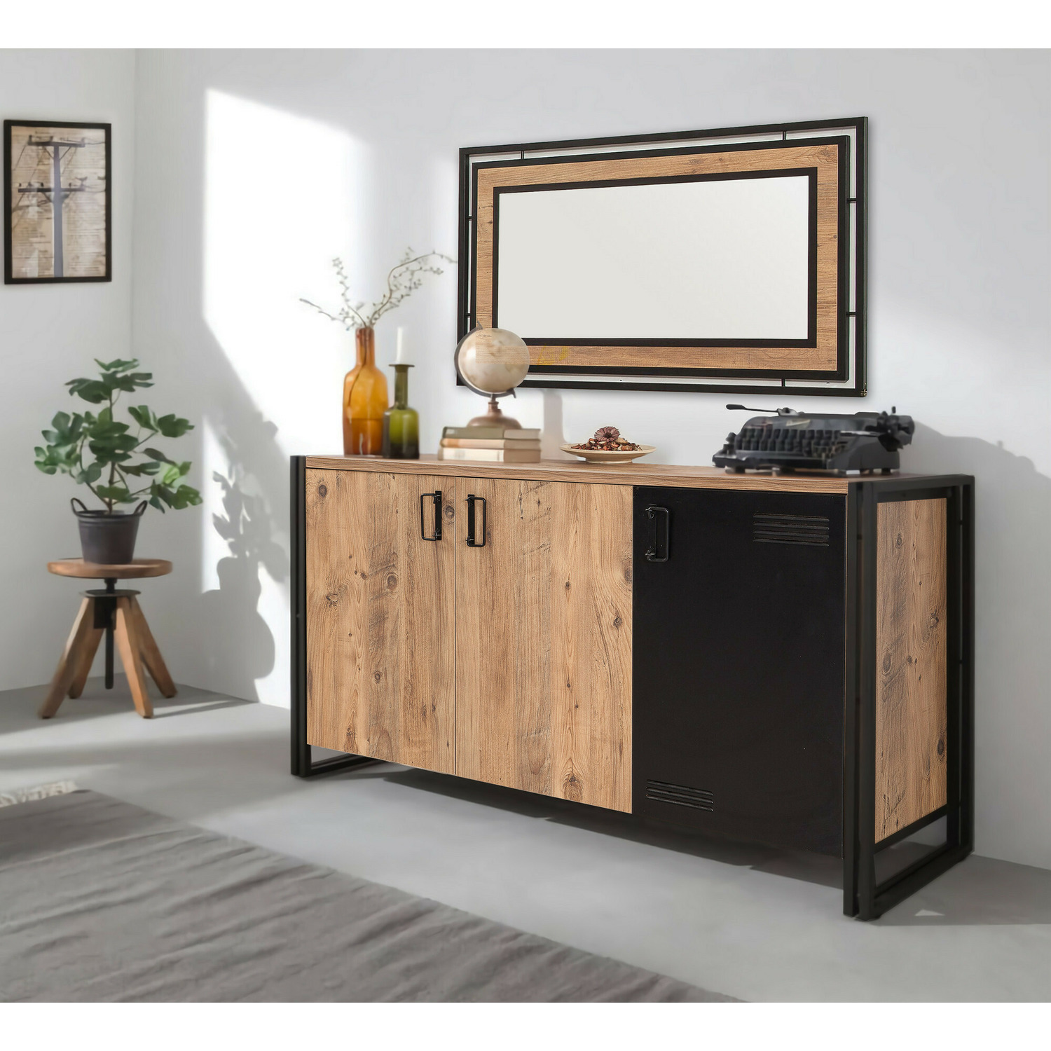 Comoda 3 usi cosmo nora, 140x45x80 cm, pin/negru