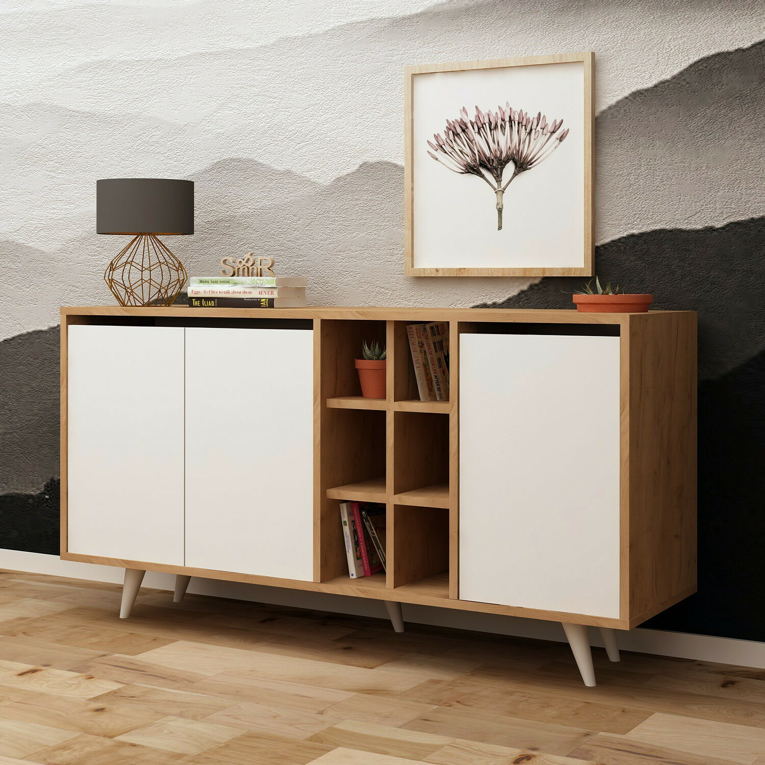 Comoda 3 usi seria, 140x40x86 cm - stejar/alb