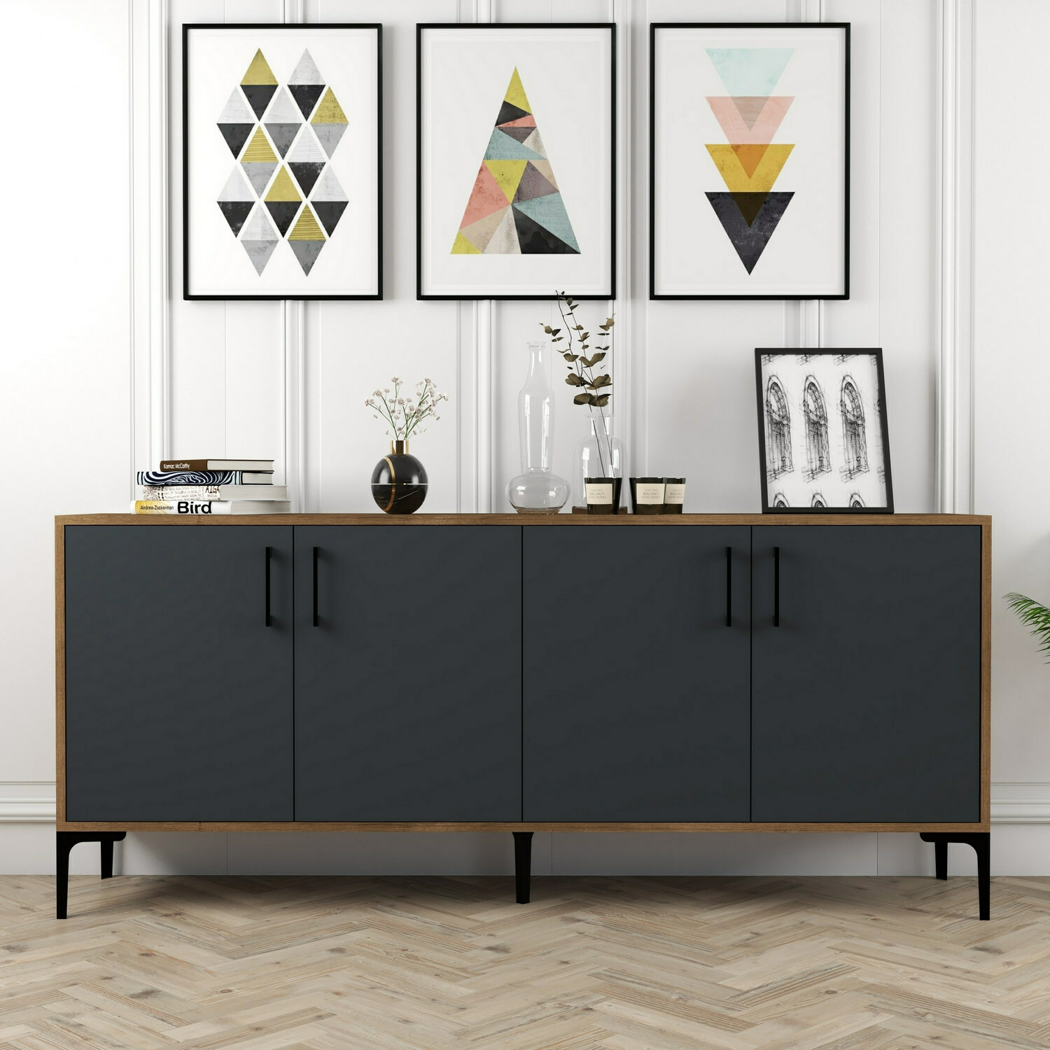 Comoda 4 usi kiev, 180x35x78 cm - nuc/antracit