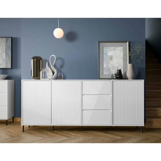 Comoda Avenale AVEK02, 3 Usi + 3 Sertare, 212x40x91.6 h cm, Pal Melaminat/MDF, Alb Alpin/Alb Lucios picture - 1