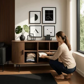 Comoda Cu 2 Usi glisante Trois, 180x40x76 cm, MDF, Nuc