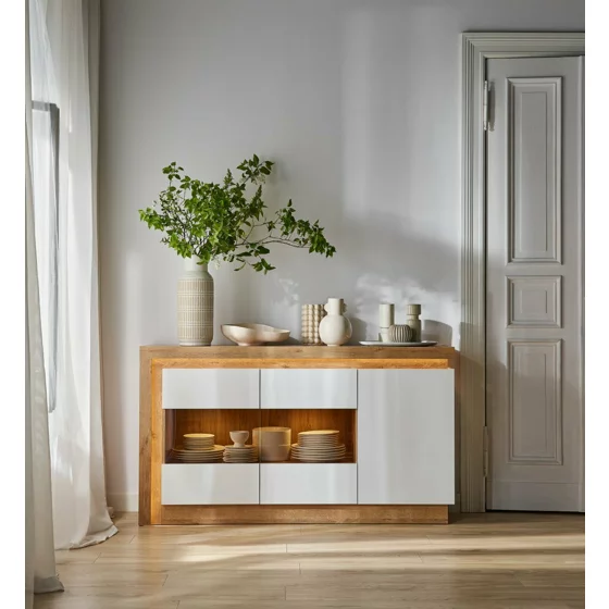 Comoda Lyon LYOK02, 3 USI, 157.6x42x89.1 h cm, Pal Melaminat, Stejar Riviera/Alb Lucios picture - 1