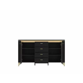 Comoda Norica LAZK02, 2 Usi + 4 Sertare, 155.3x40x87.3 h cm, Pal Melaminat/MDF, Negru/Auriu