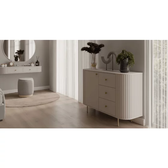 Comoda Ovalio 3 Sertate + Usa, TYP 813  123x42.3x85.4 h cm, Pal Melaminat/MDF, Beige Nisip picture - 5