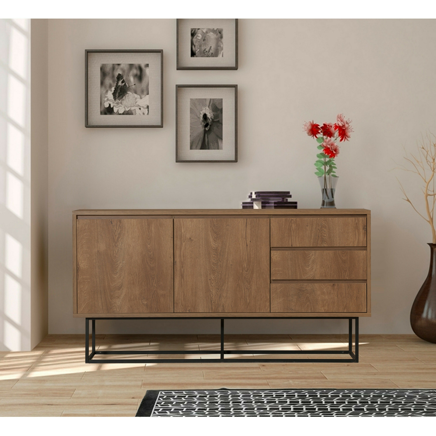 Comoda ruba, 2 usi, 3 sertare, 140x36x72 cm - nuc