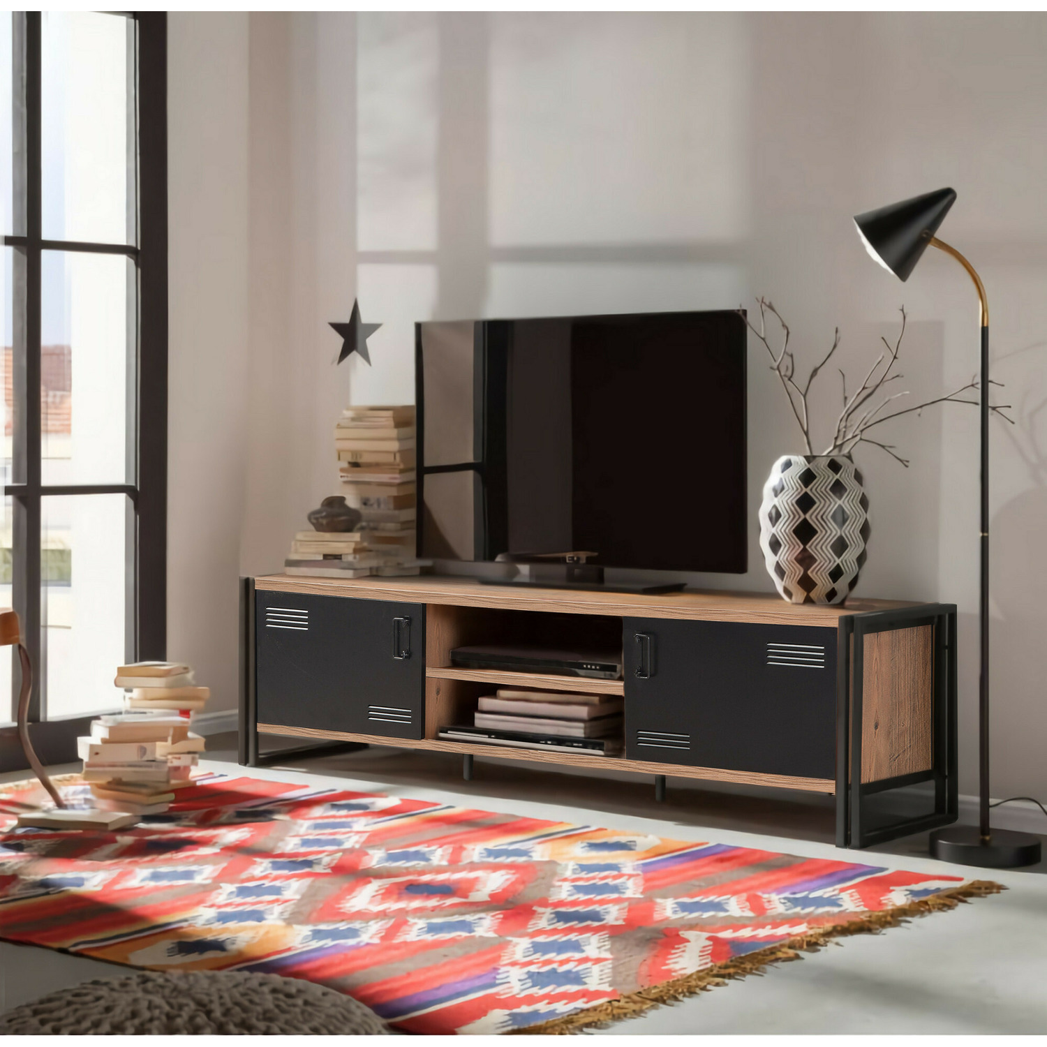 Comoda tv cosmo rex, 180x45x50 cm, pin atlantic/negru
