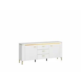 Comoda TV Lazio LAZF01, 2 Usi + 3 Sertare, 155.3x40x70 h cm, Pal Melaminat/MDF, Alb Alpin/Alb Lucios