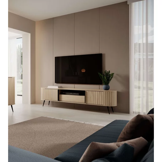 Comoda TV, Lovi 196-2D1S, 196x40.2x51.2 h cm, Front Riflaj, Natur picture - 9